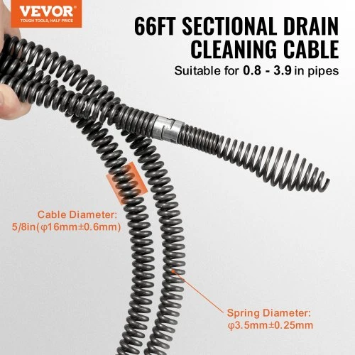 VEVOR Sekcinis vamzdžių valymo trosas su 7 pjaustytuvais, 20,1 m x 16 mm, vamzdžiams 20-100 mm
