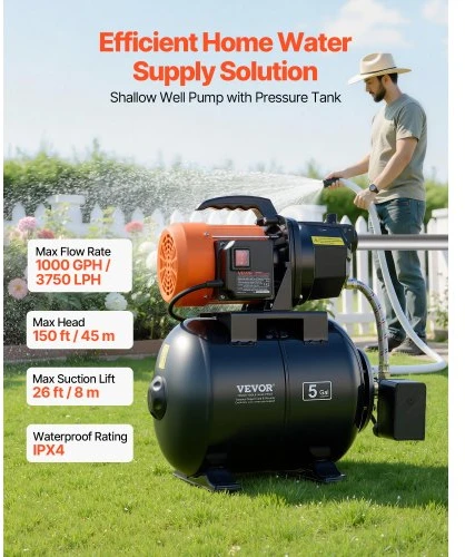 VEVOR Seklaus šulinio siurblys su baku FSGP1200CFe-1, 735 W, 19 l, 3750 l/val.