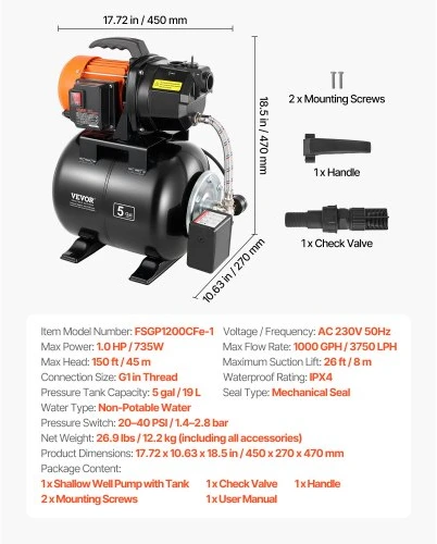 VEVOR Seklaus šulinio siurblys su baku FSGP1200CFe-1, 735 W, 19 l, 3750 l/val.