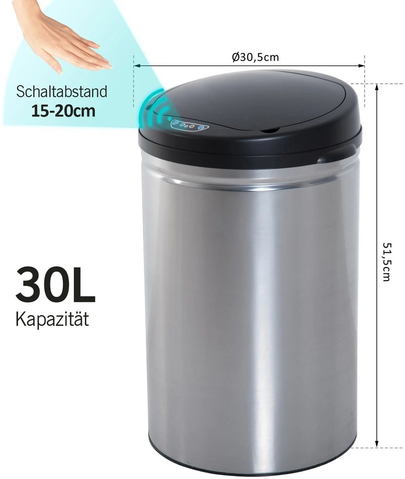 Aosom Sensorinė šiukšliadėžė 30 l, nerūdijantis plienas, juoda ir sidabrinė