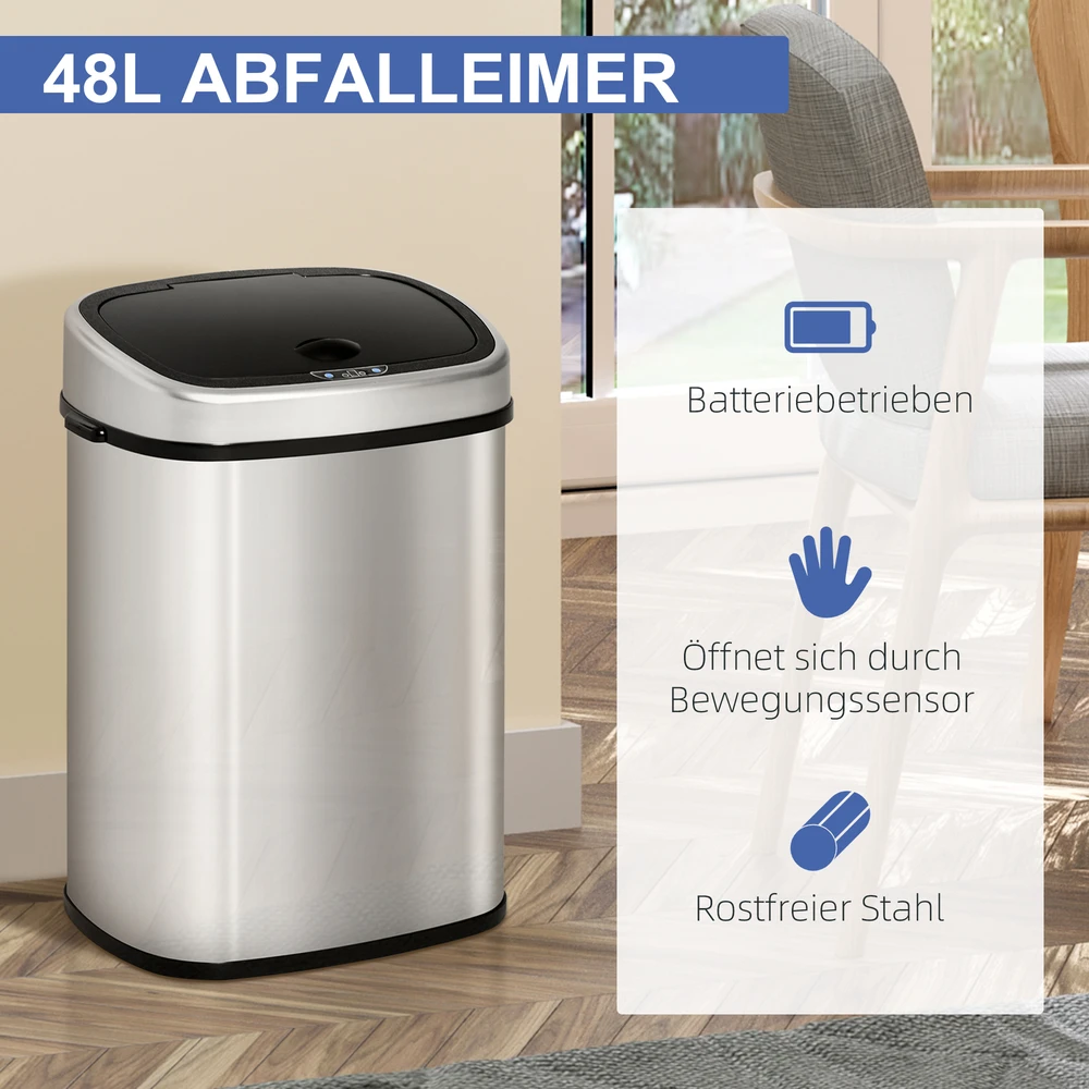 Aosom Sensorinis šiukšliadėžė 48 l, automatinė, sidabrinė, nerūdijantis plienas/ABS