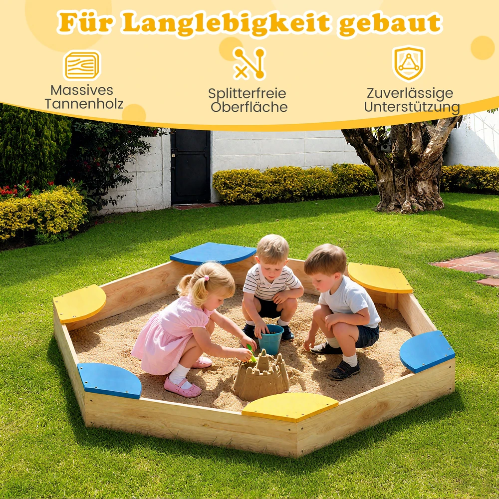 Promotion Šešiakampė medinė smėlio dėžė su sėdimomis vietomis