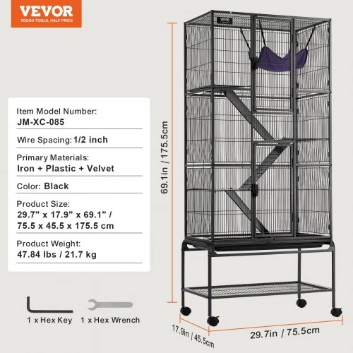 VEVOR Šeškų narvas JM-XC-085, 4 aukštų, juodas, 76 x 46 x 176 cm