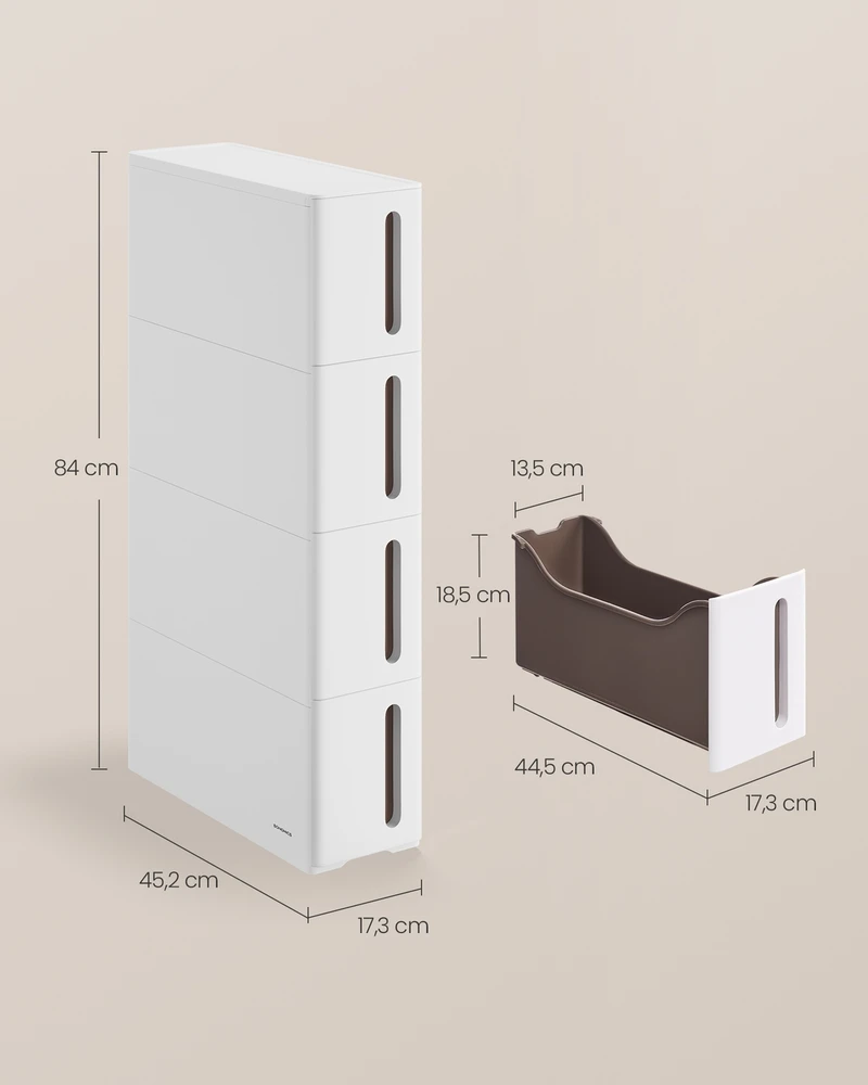 Songmics Siaura daiktų laikymo lentyna su ratukais ir 4 stalčiais, PP plastikas, 45,2 x 17,3 x 84 cm, balta-ruda