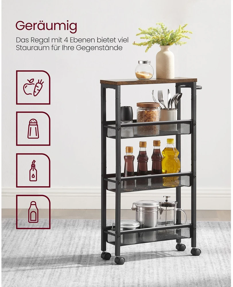 Koduva Siauras 4 aukštų virtuvinis vežimėlis su ratukais, 13 x 45,4 x 77 cm, ruda–juoda