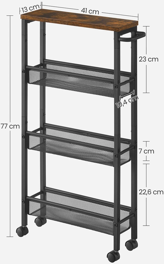 Koduva Siauras 4 aukštų virtuvinis vežimėlis su ratukais, 13 x 45,4 x 77 cm, ruda–juoda