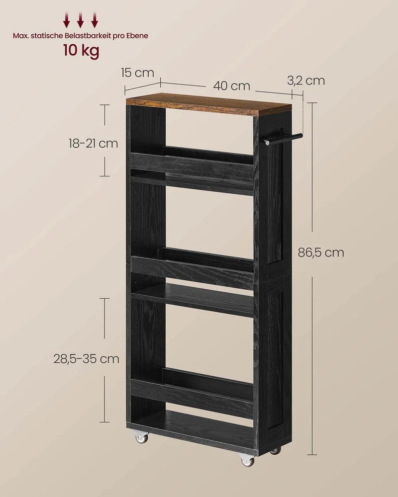 Koduva Siauras mobilus vežimėlis su 4 lentynomis, rankena, 15 x 43,2 x 86,5 cm, juodas-rudas