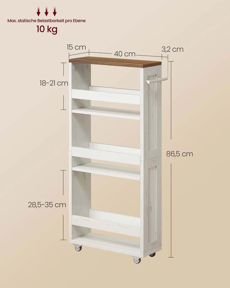 Songmics Siauras mobilus vežimėlis su 4 lentynomis, rankena, 15 x 43,2 x 86,5 cm, balta/ruda