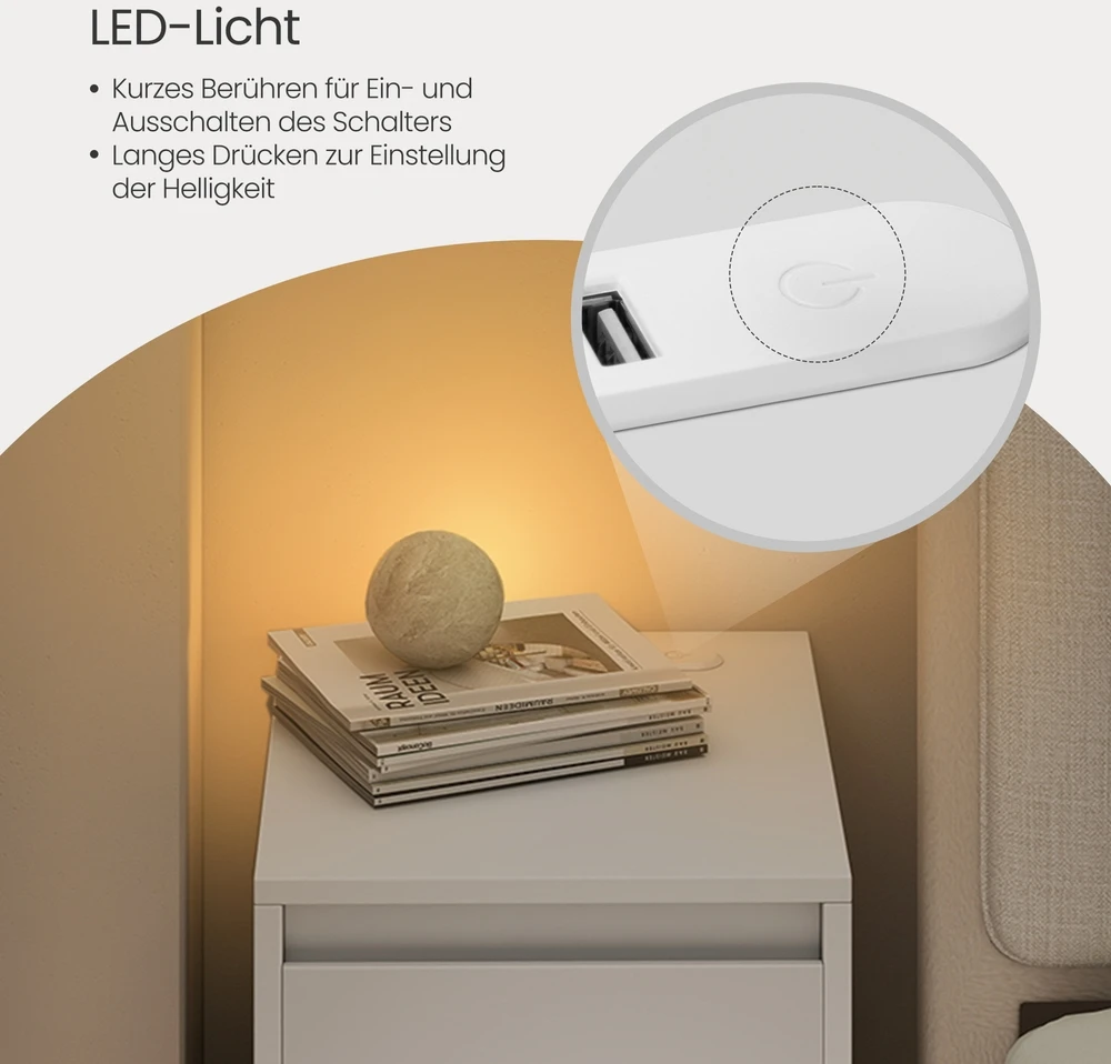 Koduva Siauras naktinis staliukas, 2 vnt. rinkinys, su stalčiumi, lentyna, LED, USB, baltas