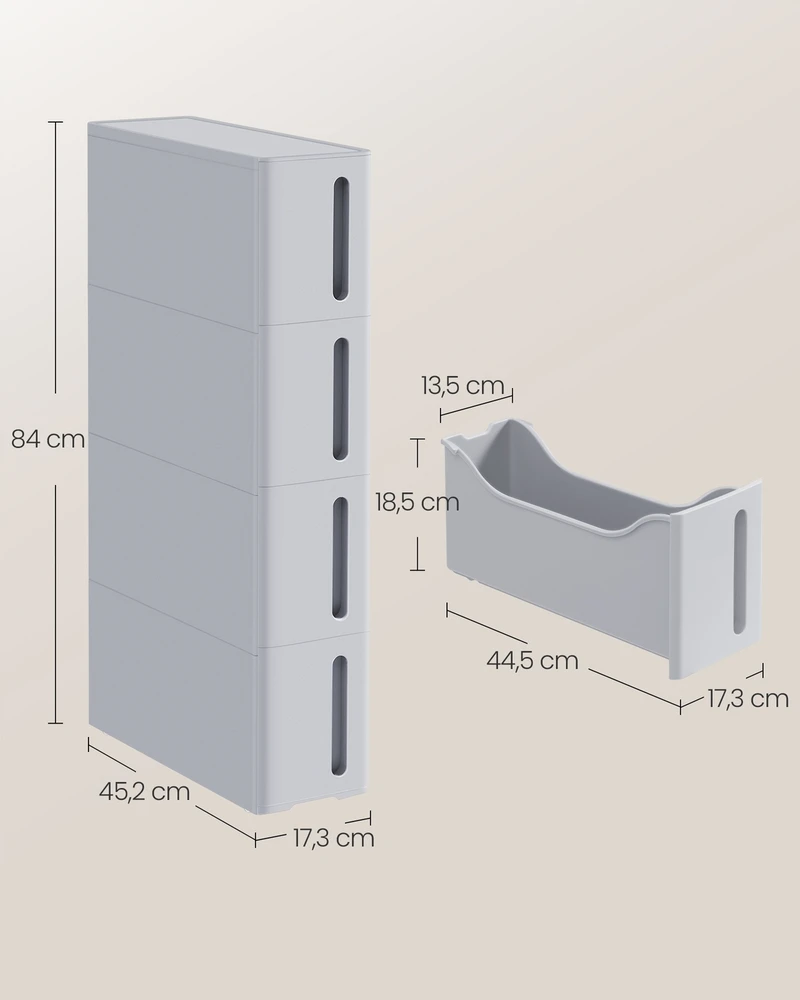 Songmics Siauras nišinis vežimėlis su ratukais, 4 stalčiai, pilkas, PP plastikas, 45,2 x 17,3 x 84 cm