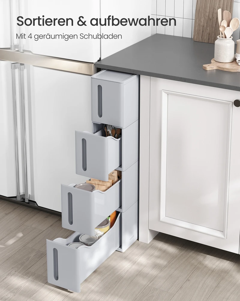 Songmics Siauras nišinis vežimėlis su ratukais, 4 stalčiai, pilkas, PP plastikas, 45,2 x 17,3 x 84 cm