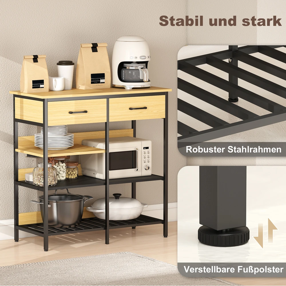 Aosom Sideboard spintelė, komoda su 2 stalčiais, 3 atviromis lentynomis, natūralaus medžio spalva, 90 x 40 x 91 cm