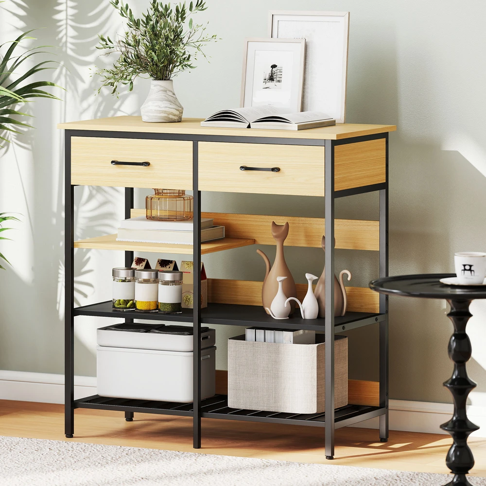 Aosom Sideboard spintelė, komoda su 2 stalčiais, 3 atviromis lentynomis, natūralaus medžio spalva, 90 x 40 x 91 cm