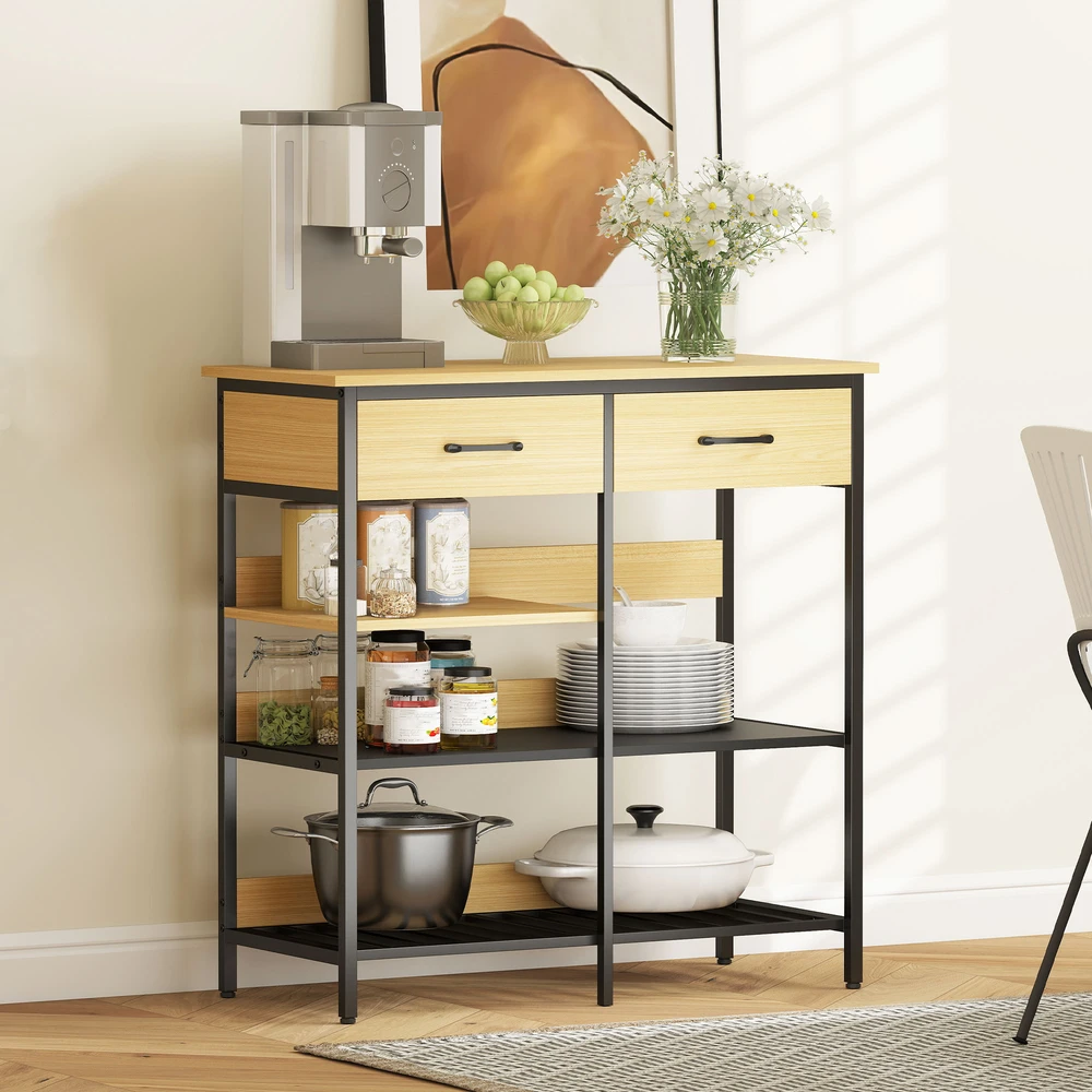 Aosom Sideboard spintelė, komoda su 2 stalčiais, 3 atviromis lentynomis, natūralaus medžio spalva, 90 x 40 x 91 cm