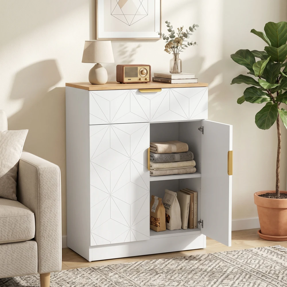 Aosom Sideboard su stalčiumi ir reguliuojama lentyna, baltas, 60 x 32 x 82 cm