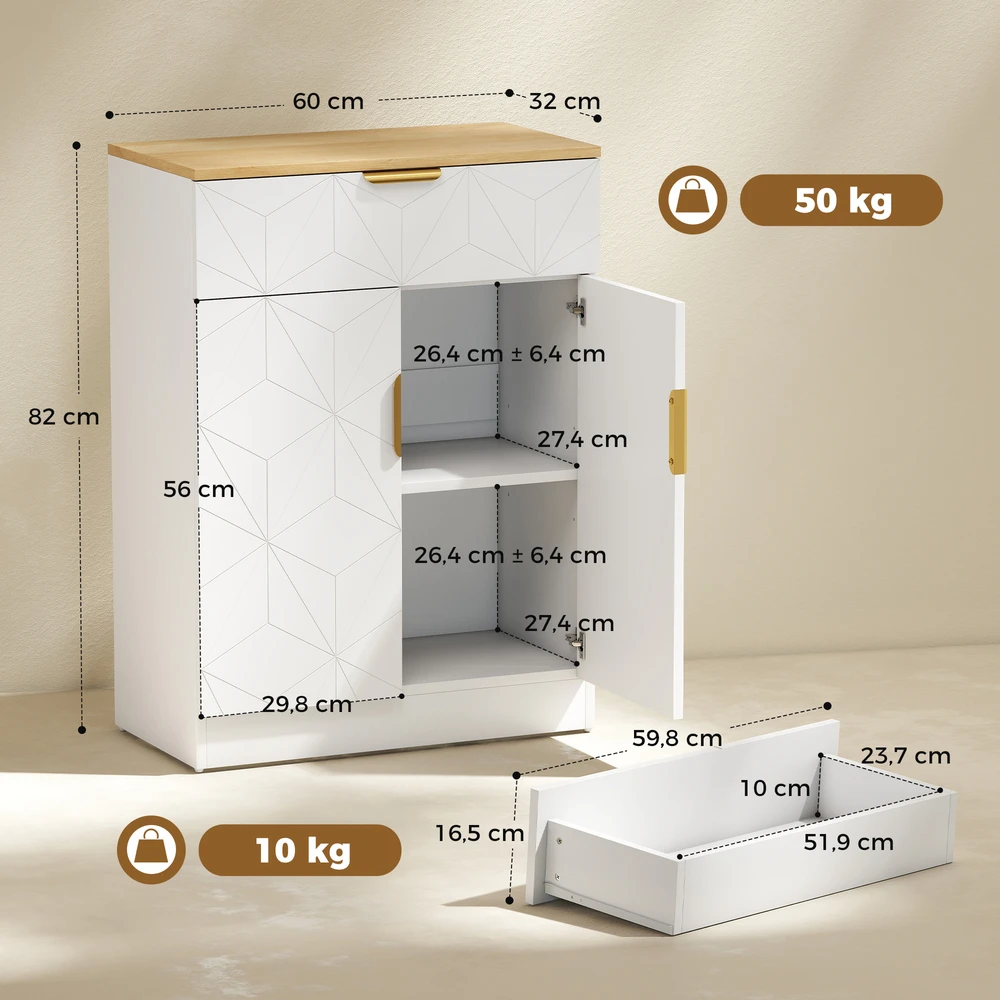 Aosom Sideboard su stalčiumi ir reguliuojama lentyna, baltas, 60 x 32 x 82 cm