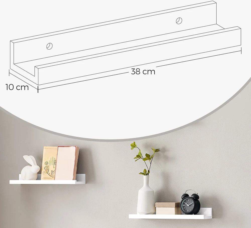 Songmics Sieninė lentyna, 3 vnt. komplektas, 38 x 10 cm, balta, iš MDF