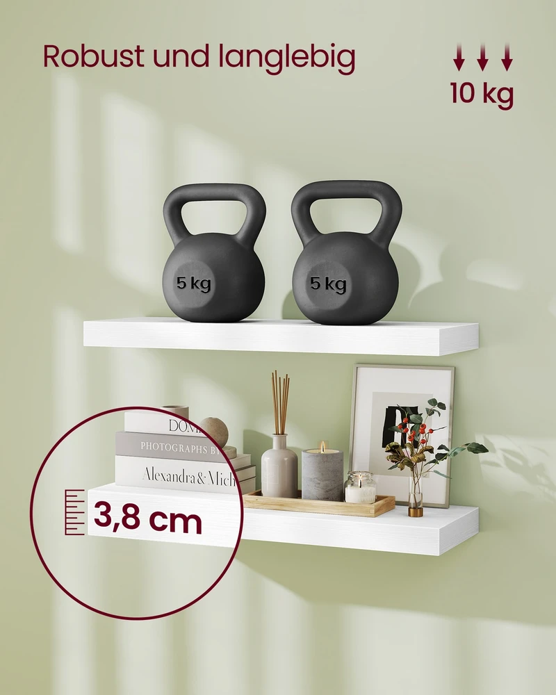 Koduva Sieninė lentyna, sniego baltumo, iš MDF ir plieno, 20 x 60 x 3,8 cm, iki 10 kg