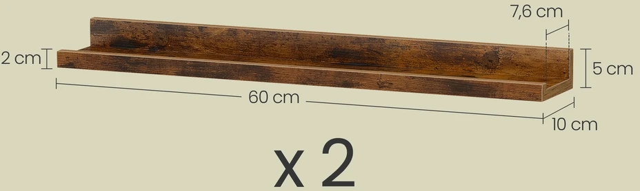 Songmics Sieninės lentynos, 2 vnt. rinkinys, rudos, MDF, 60 x 10 x 5/2 cm