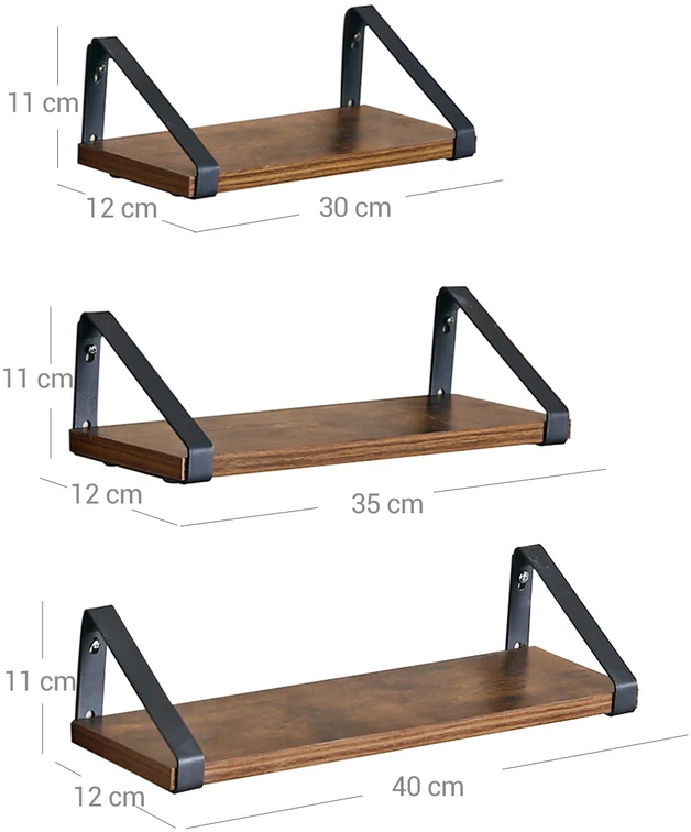 Songmics Sieninės lentynos, 3 vnt. komplektas, industrinio stiliaus, vintage rudos-juodos, 30–40 cm