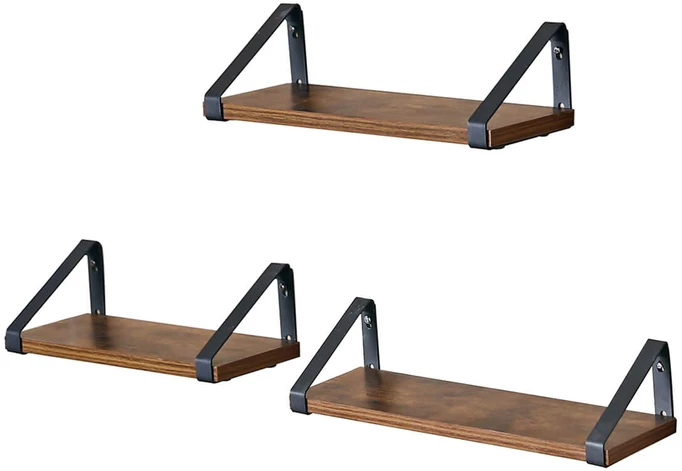 Songmics Sieninės lentynos, 3 vnt. komplektas, industrinio stiliaus, vintage rudos-juodos, 30–40 cm