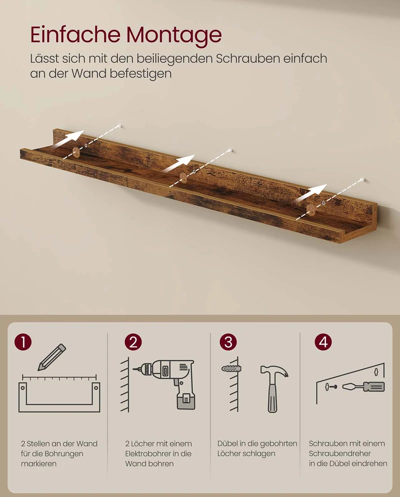 Songmics Sieninės lentynos, 3 vnt. rinkinys, 80 cm, MDF, vintažinės rudos spalvos