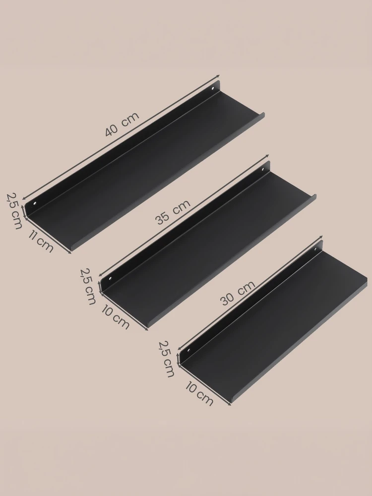 Songmics Sieninės lentynos, 3 vnt. rinkinys, juodos, plieninės, 30–40 cm