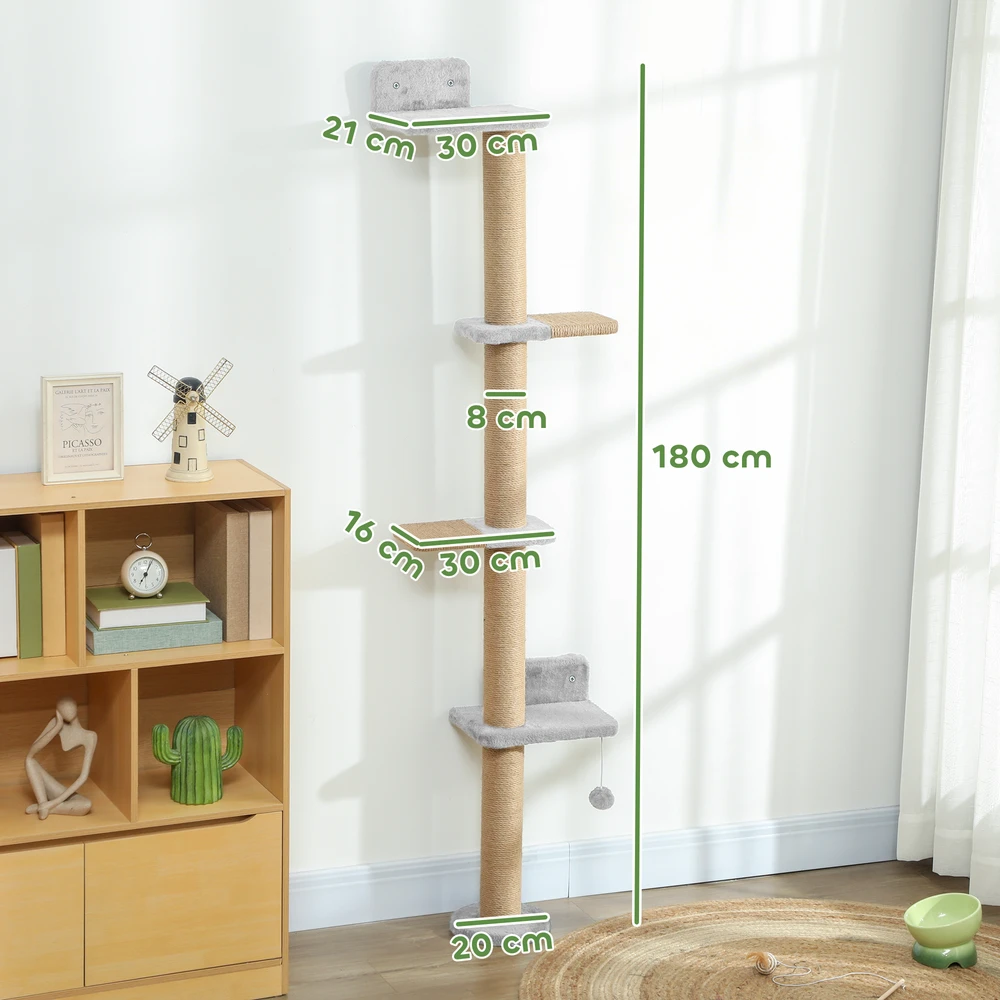Aosom Sieninis draskyklių bokštas katėms, 5 pakopų, šviesiai pilkas, 180 cm