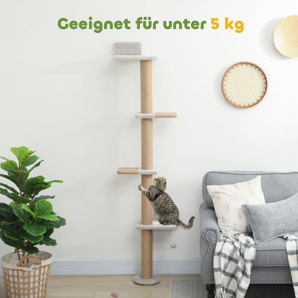 Aosom Sieninis draskyklių bokštas katėms, 5 pakopų, šviesiai pilkas, 180 cm