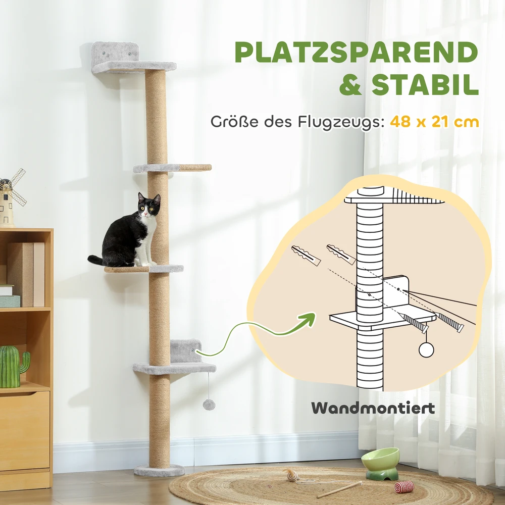 Aosom Sieninis draskyklių bokštas katėms, 5 pakopų, šviesiai pilkas, 180 cm