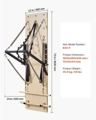VEVOR Sieninis Pilates reformeris B44-F, klevo mediena, 183 x 56 x 62 cm