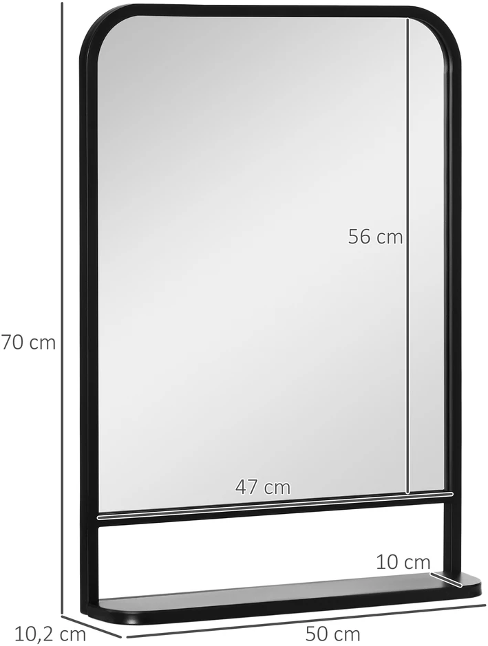 Aosom Sieninis veidrodis su metaliniu rėmu ir lentynėle, juodas, 70 x 10,2 x 50 cm