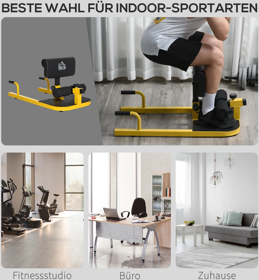 Aosom Sissy squat treniruoklis 3 in 1, geltonas ir juodas, plienas, 50 x 97 x 44,5-56,5 cm, iki 120 kg