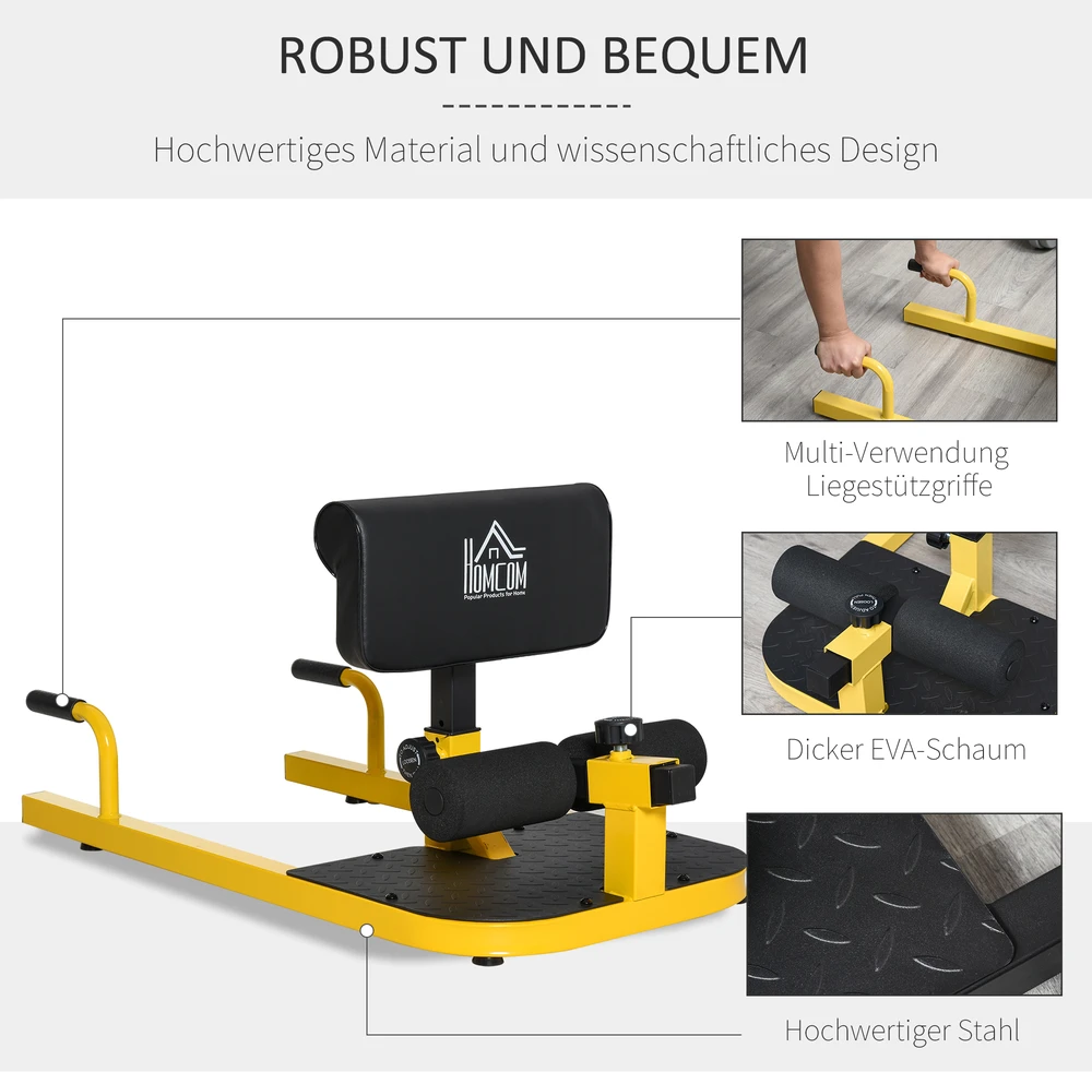 Aosom Sissy squat treniruoklis 3 in 1, geltonas ir juodas, plienas, 50 x 97 x 44,5-56,5 cm, iki 120 kg