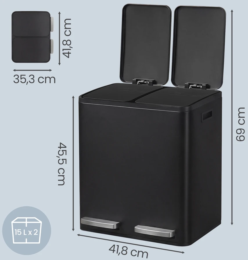 Songmics Šiukšliadėžė su 2 skyriais, 2 x 15 l, juoda, plieninė, 41,8 x 35,3 x 45,5 cm