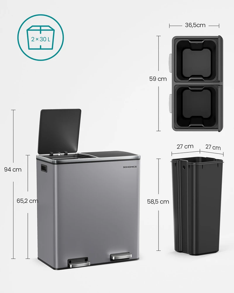 Koduva Šiukšliadėžė su 2 skyriais, 2 x 30 l, su pedalais ir atverčiamu dangčiu, pilkai skalūno spalvos