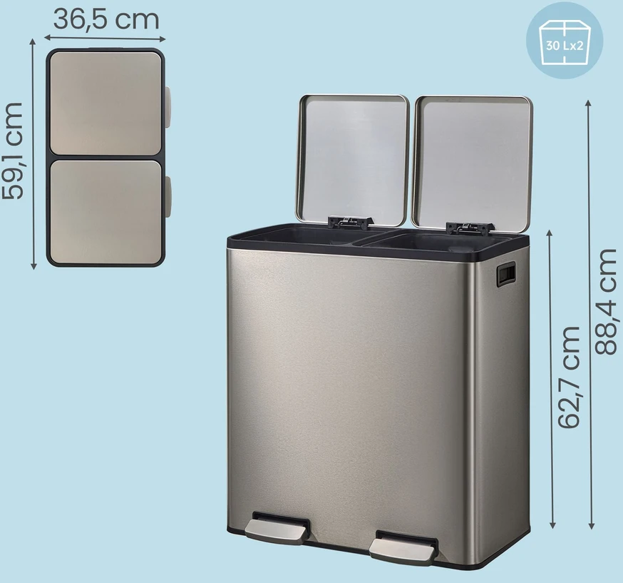 Koduva Šiukšliadėžė su 2 skyriais, 2 x 30 l, pedalinis dangtis, soft-close, sidabrinė