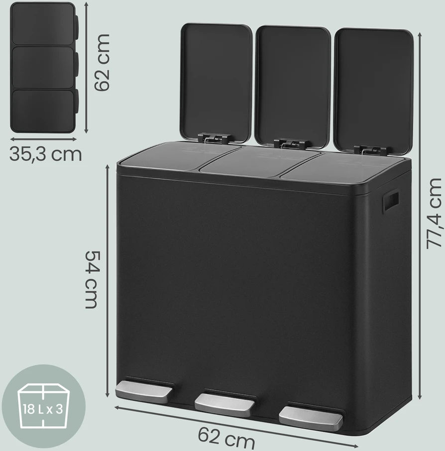 Songmics Šiukšliadėžė su 3 skyriais, 3 x 18 l, juoda, plienas ir PP plastikas, 62 x 35,3 x 54 cm