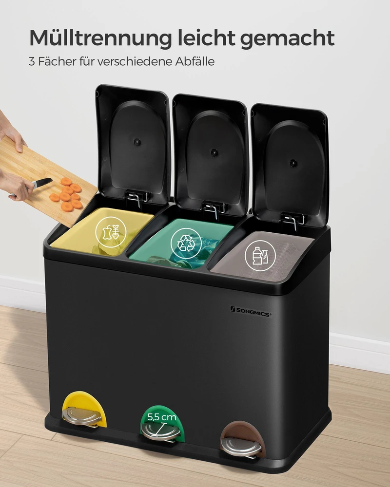 Koduva Šiukšliadėžė su 3 skyriais po 15 l, juoda, nerūdijantis plienas ir plastikas, 60,5 x 31,5 x 48,5 cm