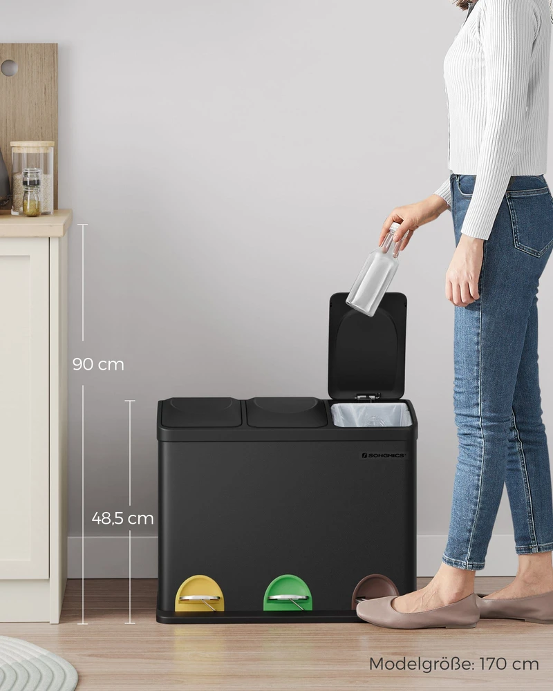 Koduva Šiukšliadėžė su 3 skyriais po 15 l, juoda, nerūdijantis plienas ir plastikas, 60,5 x 31,5 x 48,5 cm