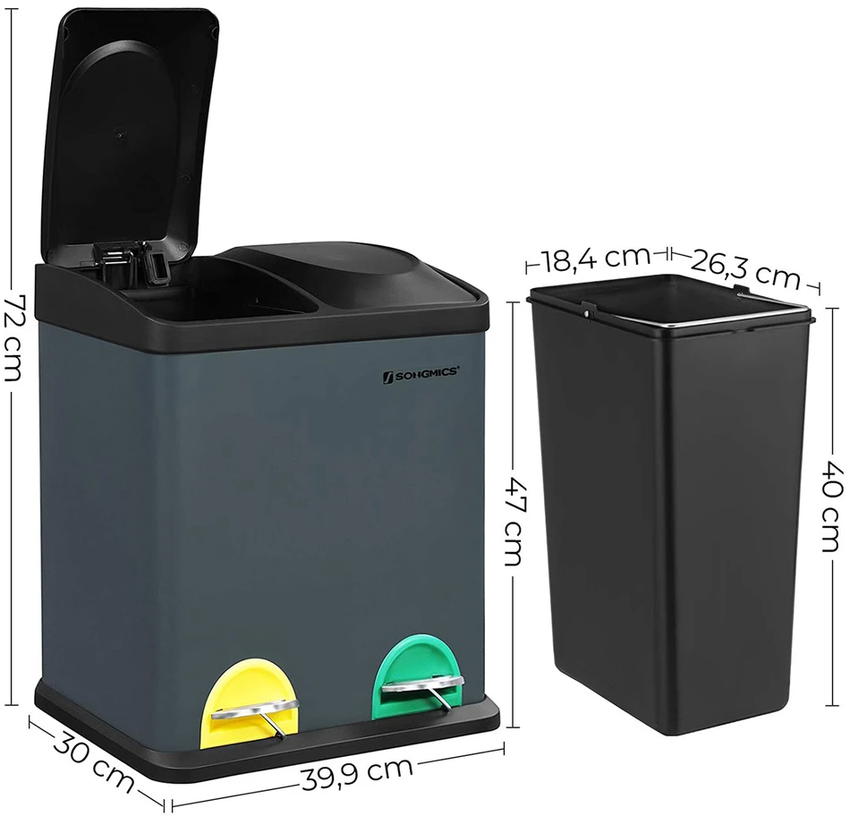 Koduva Šiukšliadėžė su pedalais, 30 l, 2 x 15 l, dūmų pilka-juoda, nerūdijantis plienas
