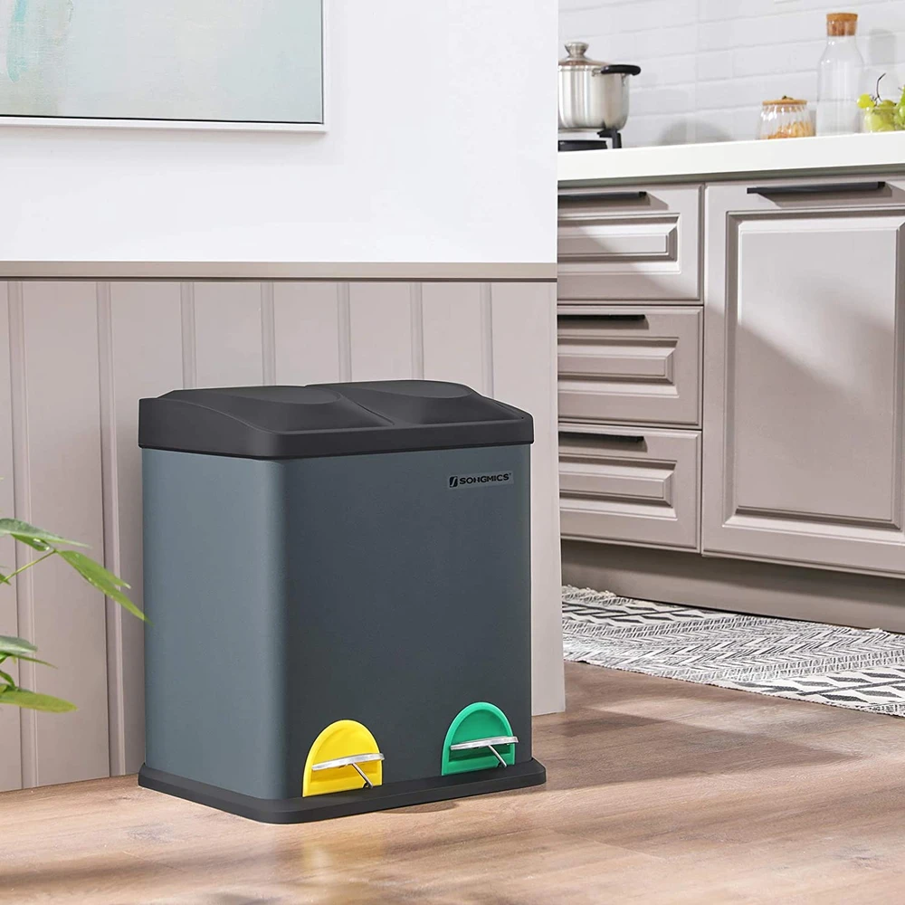 Koduva Šiukšliadėžė su pedalais, 30 l, 2 x 15 l, dūmų pilka-juoda, nerūdijantis plienas