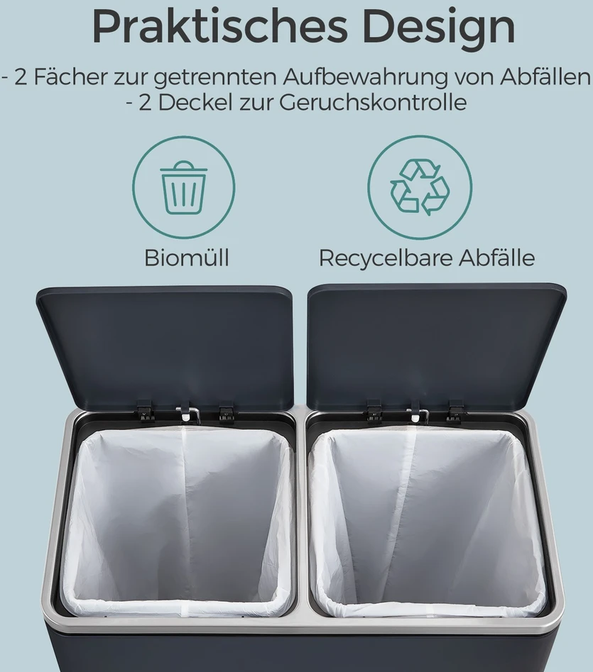 Koduva Šiukšliadėžė su pedalu, 2 x 30 l, 2 skyriai, plienas ir plastikas, 59 x 36,5 x 65,2 cm