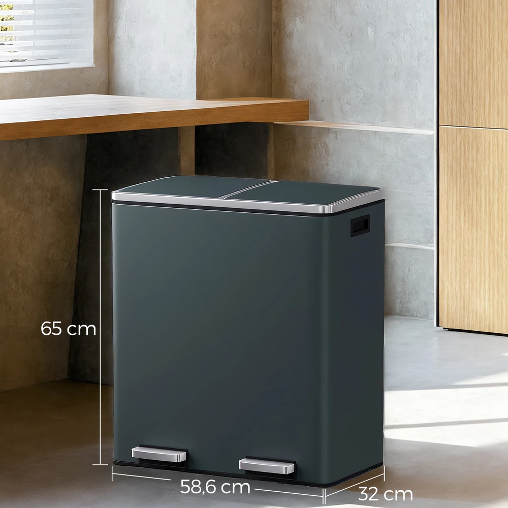 Koduva Šiukšliadėžė su pedalu, 2 x 30 l, 2 skyriai, plienas ir plastikas, 59 x 36,5 x 65,2 cm