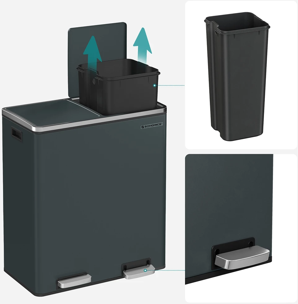 Songmics Šiukšliadėžė su pedalu, 60 l (2 x 30 l), 2 skyriai, dūminė pilka ir sidabro spalva