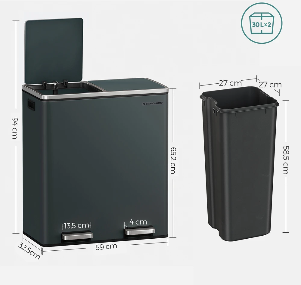 Songmics Šiukšliadėžė su pedalu, 60 l (2 x 30 l), 2 skyriai, dūminė pilka ir sidabro spalva