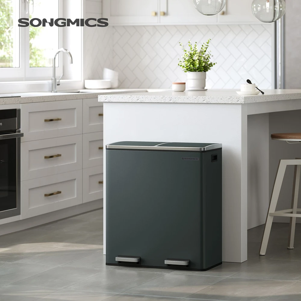 Songmics Šiukšliadėžė su pedalu, 60 l (2 x 30 l), 2 skyriai, dūminė pilka ir sidabro spalva
