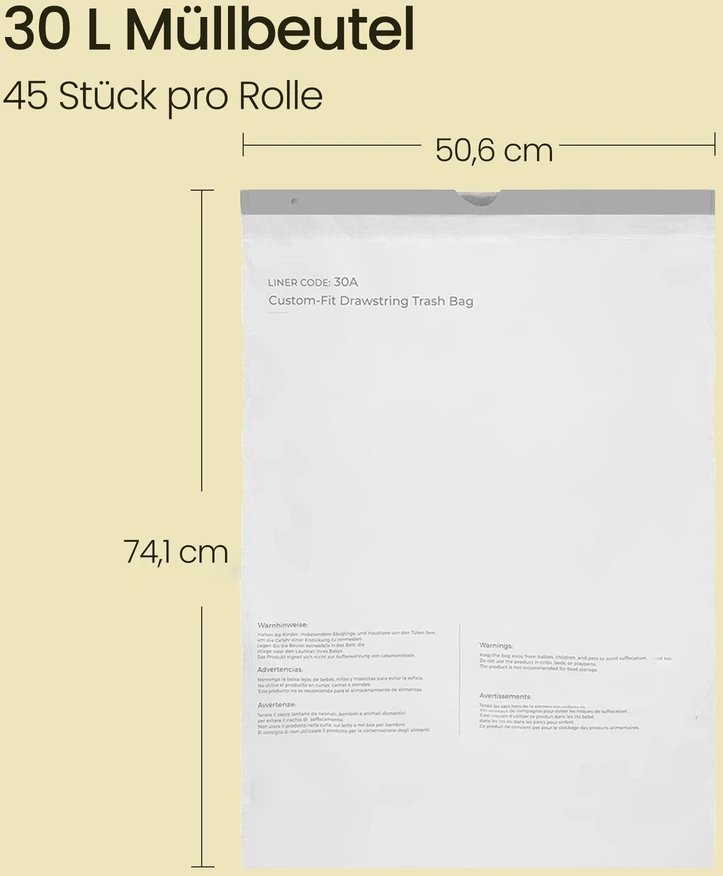 Songmics Šiukšlių maišai su užtraukiama virvele 30 l, 180 vnt., balti, 50,6 x 74,1 cm