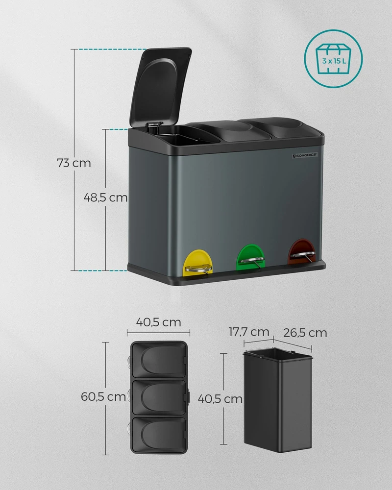 Koduva Šiukšlių rūšiavimo dėžė su dangčiu, 45 l, 3 x 15 l, nerūdijantis plienas ir plastikas, dūmų pilka-juoda