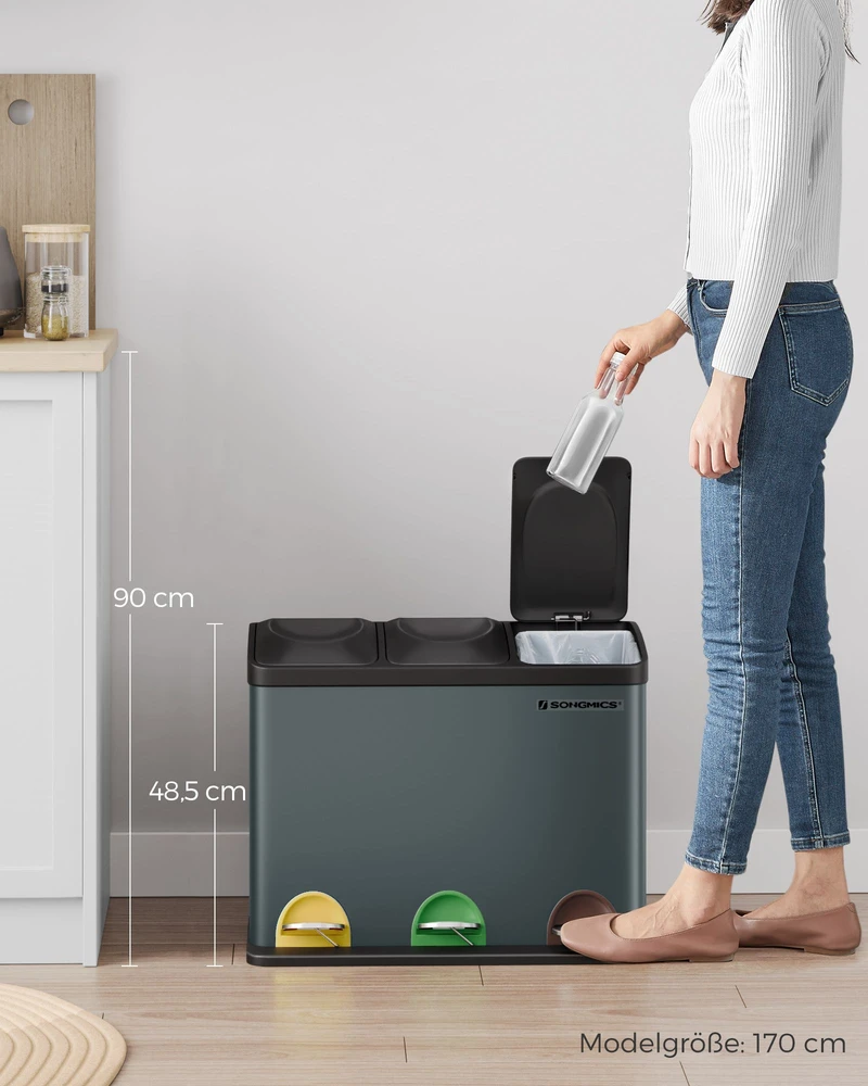 Koduva Šiukšlių rūšiavimo dėžė su dangčiu, 45 l, 3 x 15 l, nerūdijantis plienas ir plastikas, dūmų pilka-juoda